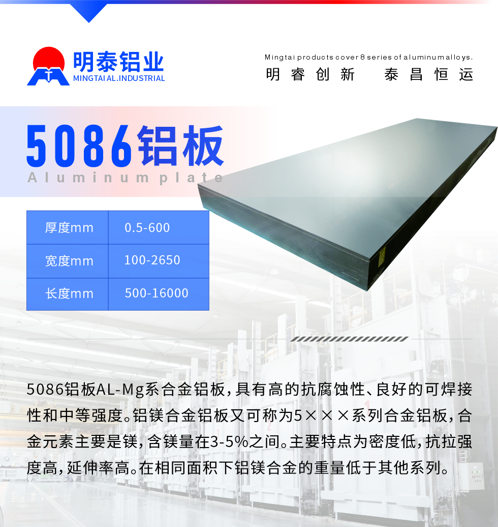產(chǎn)品介紹
　　5086鋁板AL-Mg系合金鋁板，具有高的抗腐蝕性、良好的可焊接性和中等強(qiáng)度。鋁鎂合金鋁板又可稱為5×××系列合金鋁板，合金元素主要是鎂，含鎂量在3-5%之間。主要特點(diǎn)為密度低，抗拉強(qiáng)度高，延伸率高。在相同面積下鋁鎂合金的重量低于其他系列。

