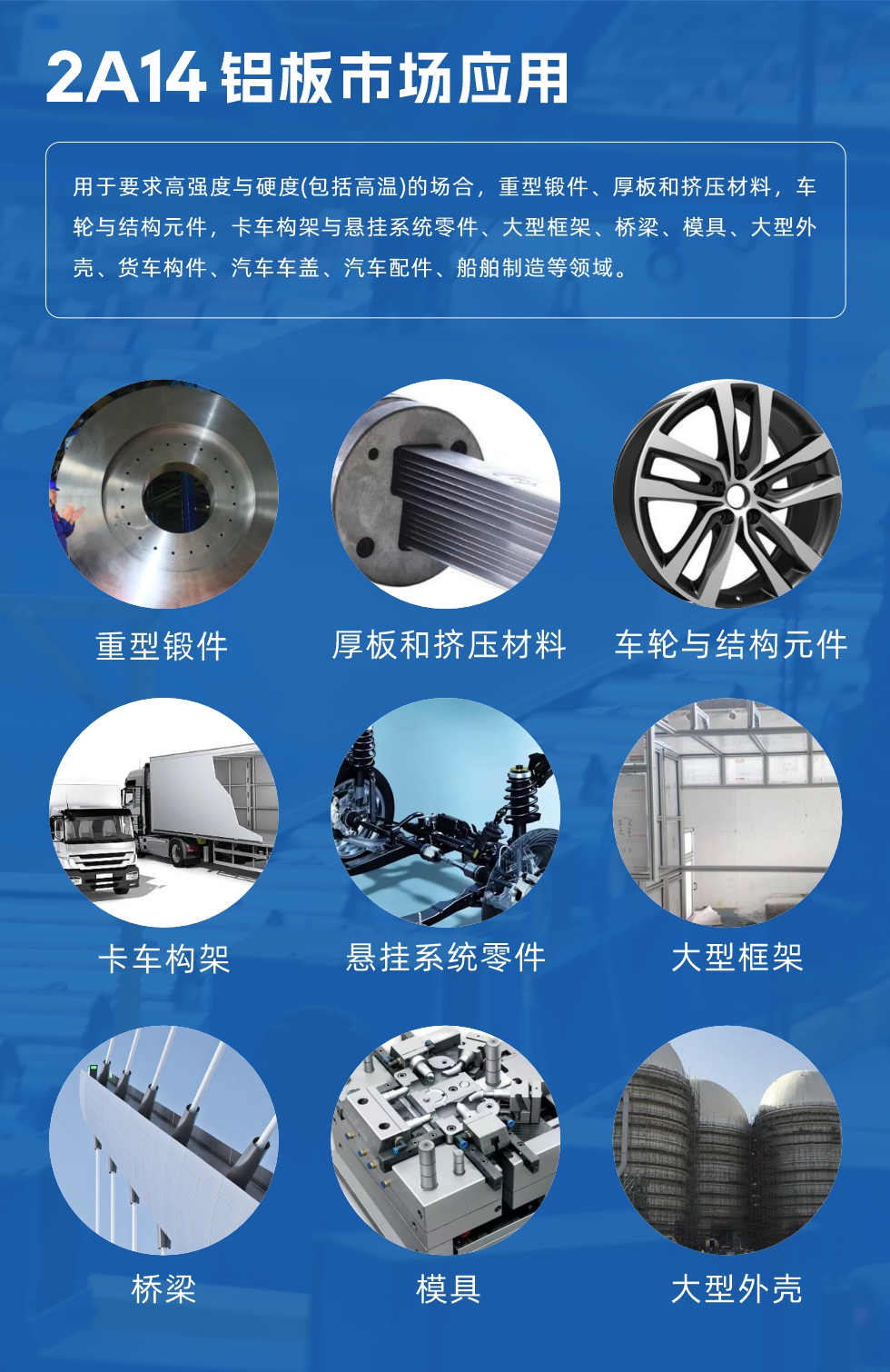 2A14鋁板市場應(yīng)用：

用于要求高強度與硬度(包括高溫)的場合，重型鍛件、厚板和擠壓材料，車輪與結(jié)構(gòu)元件，卡車構(gòu)架與懸掛系統(tǒng)零件、大型框架、橋梁、模具、大型外殼、貨車構(gòu)件、汽車車蓋、汽車配件、船舶制造等領(lǐng)域。

